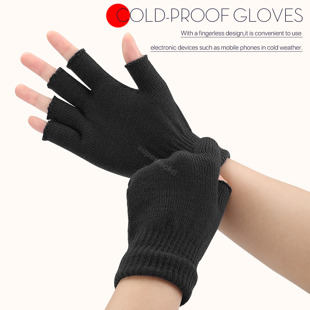 2x Winter Fingerless Gloves Open Finger Black Soft Warm Knitted Glove