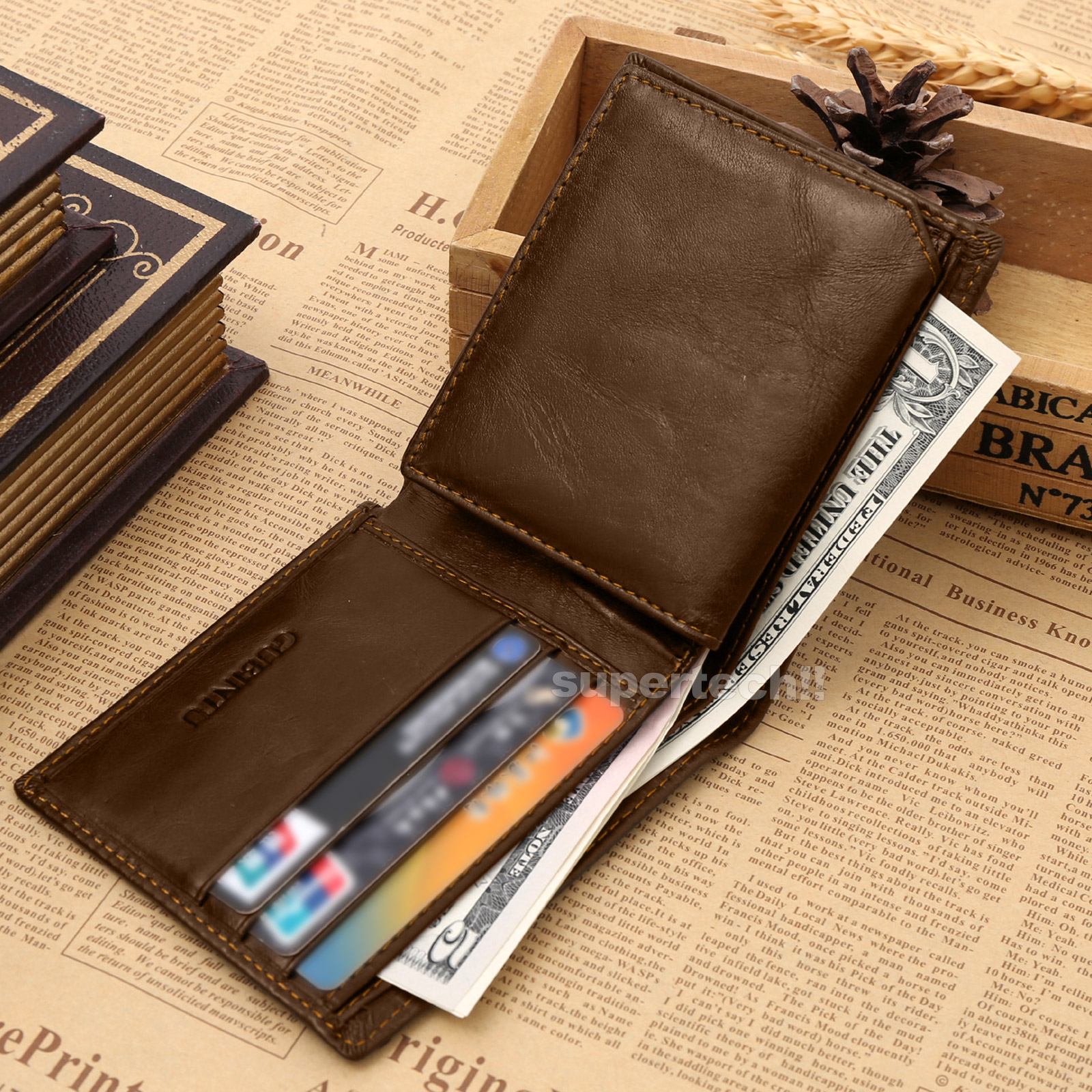 Genuine Leather Mens Purse Bifold Credit Card Wallet RFID Blocking Anti ...